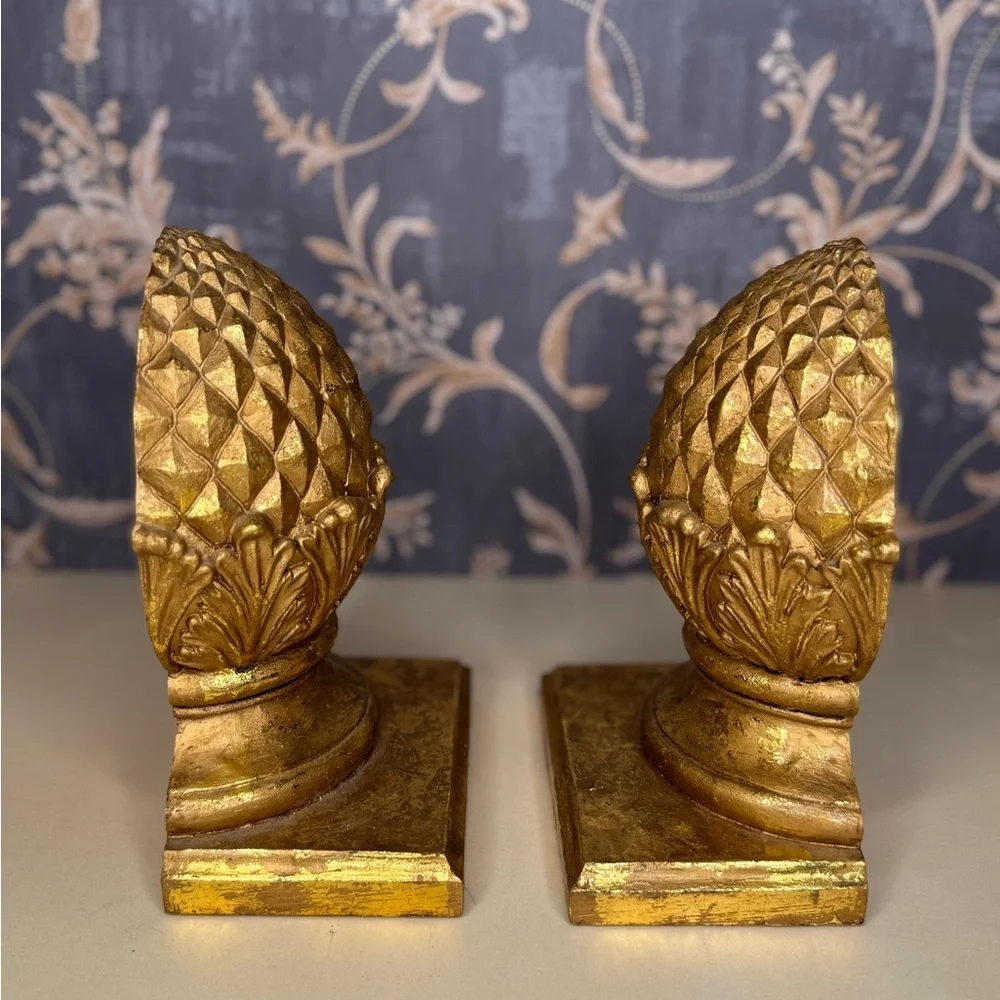 Vintage Estate Wooden Pinecone Bookends Pair | Heavy Solid Wood Gold Finish